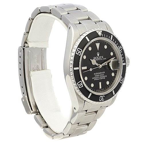 The image shows a Rolex Vintage Collection 16800 Men's Stainless Steel Black Dial 16800 Men's Stainless Steel Black Dial watch from an angled side view, highlighting its face, bezel, and metal bracelet band.