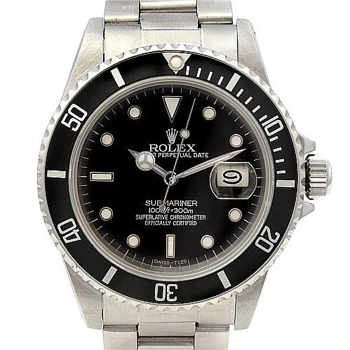 The image shows a front view of the Rolex Vintage Collection 16800 Men's Stainless Steel Black Dial 16800 Men's Stainless Steel Black Dial model watch, highlighting its face, bezel, and stainless steel bracelet.