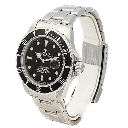 The image shows a Rolex Vintage Collection 16800 Men's Stainless Steel Black Dial 16800 Men's Stainless Steel Black Dial Submariner watch, angled to display its face, bezel, crown, and stainless steel bracelet.