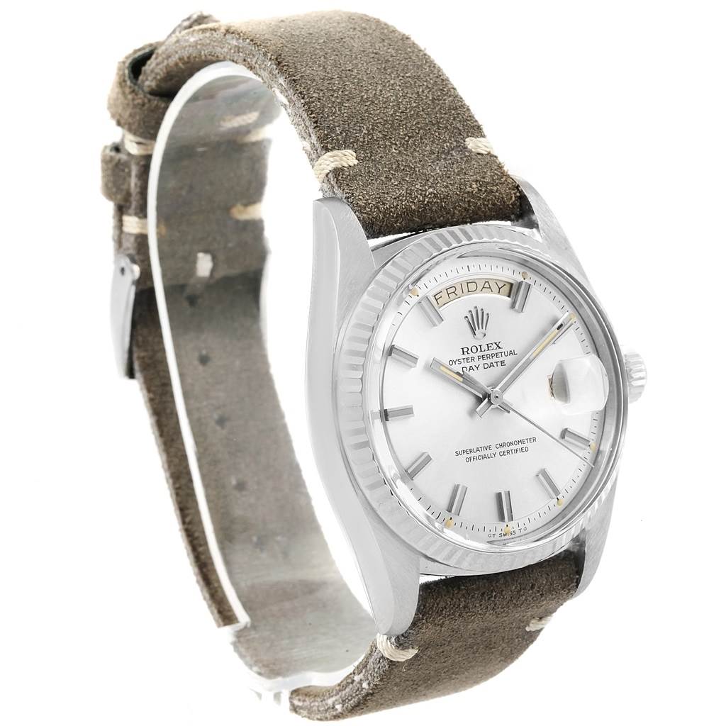 This image shows a Rolex Vintage Collection 1803 Men's White Gold Silver Dial 1803 Men's White Gold Silver Dial watch at a slight left angle, highlighting the face, bezel, crown, and leather strap.