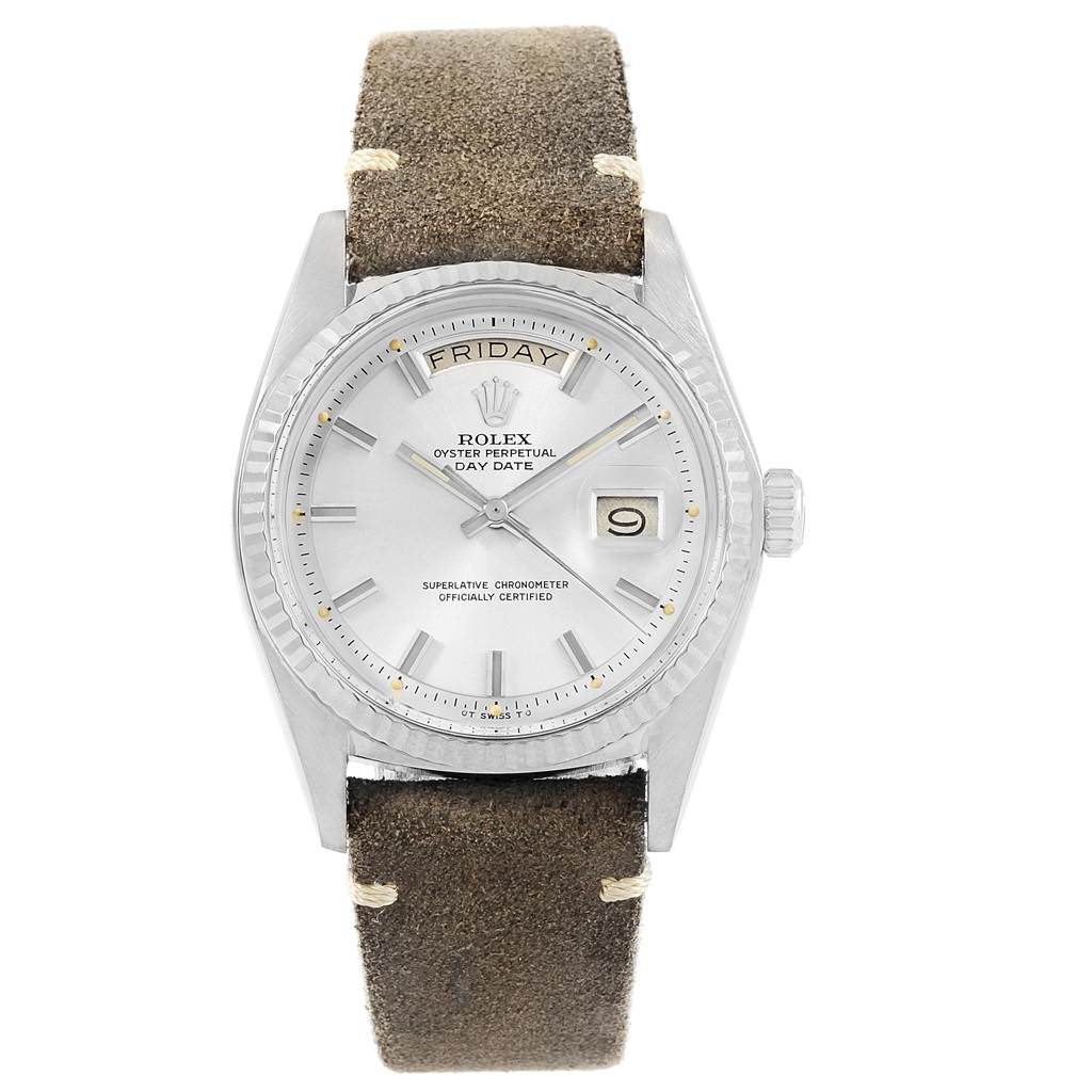 The Rolex Vintage Collection 1803 Men's White Gold Silver Dial 1803 Men's White Gold Silver Dial model watch is shown from a front angle, displaying its face, bezel, crown, and leather strap.