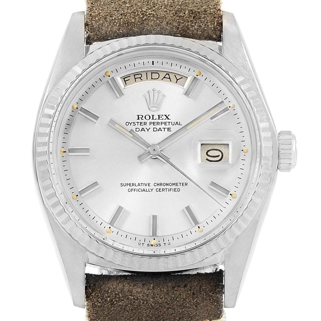 This Rolex Vintage Collection 1803 Men's White Gold Silver Dial 1803 Men's White Gold Silver Dial model is shown from the front, displaying the dial, hands, crown, and part of the strap.