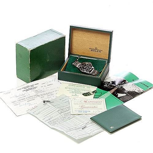 The image shows a Rolex Vintage Collection 5513 Men's Stainless Steel Black Dial 5513 Men's Stainless Steel Black Dial model watch in its box, along with warranty cards, manuals, and other paperwork.