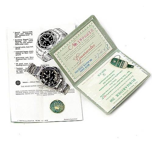 The image shows a Vintage Collection Rolex watch with its guarantee certificate, documents, and tag.
