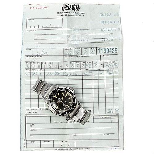 The image shows a Rolex Vintage Collection 5513 Men's Stainless Steel Black Dial 5513 Men's Stainless Steel Black Dial model watch, displayed flat on top of a customer copy receipt.