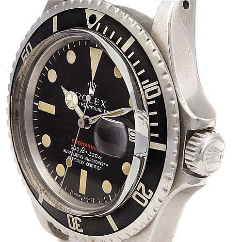 The image shows a close-up side angle of a Rolex Vintage Collection 1680 Men's Stainless Steel Black Dial 1680 Men's Stainless Steel Black Dial Submariner watch, focusing on the bezel, crown, and dial.