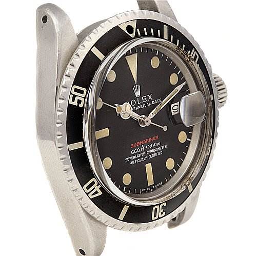 This image shows a Rolex Vintage Collection 1680 Men's Stainless Steel Black Dial 1680 Men's Stainless Steel Black Dial Submariner watch angled to highlight the dial, bezel, and crown.