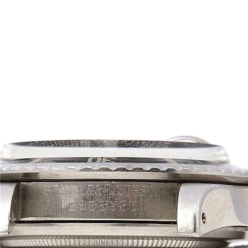 The image shows a side view of the Rolex Vintage Collection 1680 Men's Stainless Steel Black Dial 1680 Men's Stainless Steel Black Dial watch, focusing on its case, caseback, and engraving details.