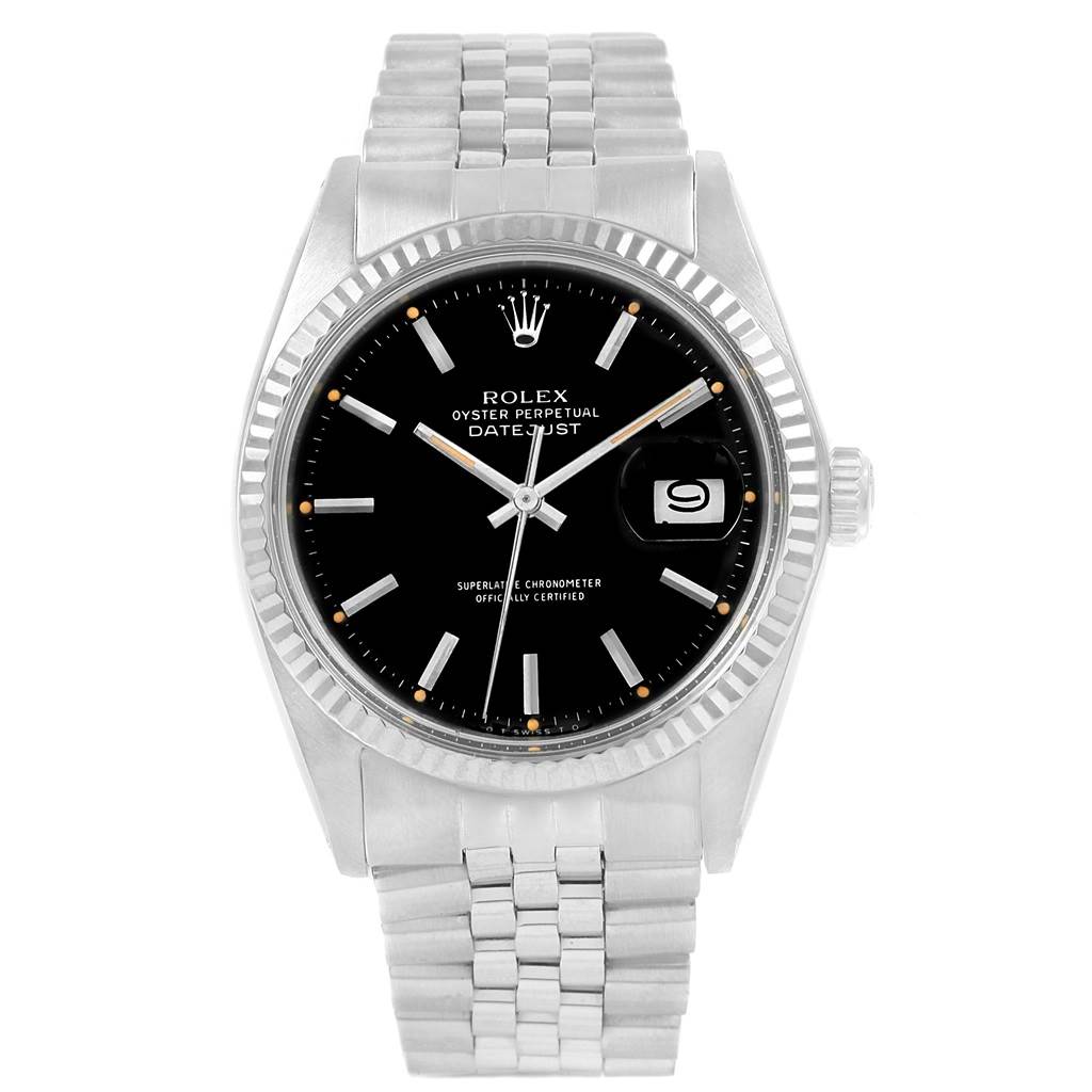 The image shows a front view of the Rolex Vintage Collection 1601 Men's Stainless Steel Black Dial 1601 Men's Stainless Steel Black Dial watch, highlighting its face, bezel, crown, and bracelet.