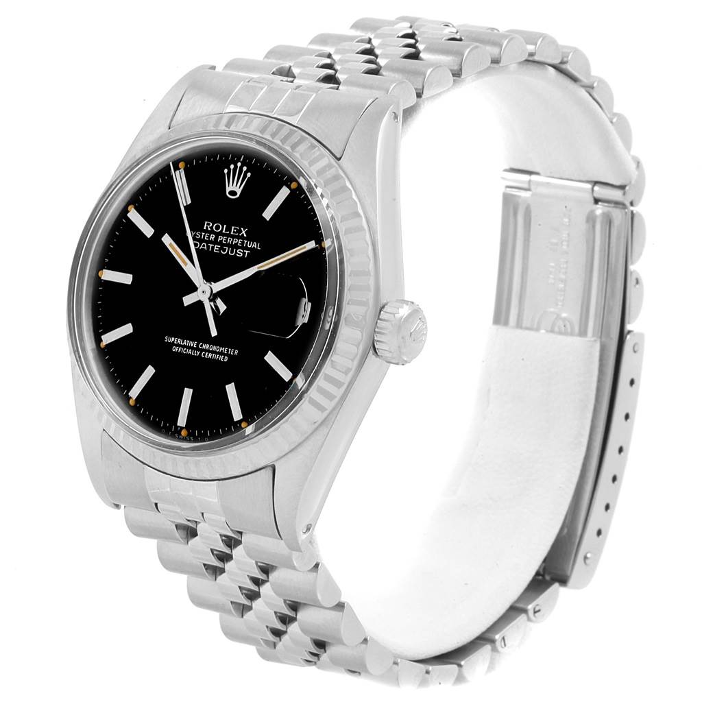 The Rolex Vintage Collection 1601 Men's Stainless Steel Black Dial 1601 Men's Stainless Steel Black Dial model watch is shown at an angled view, highlighting the face, crown, and bracelet.