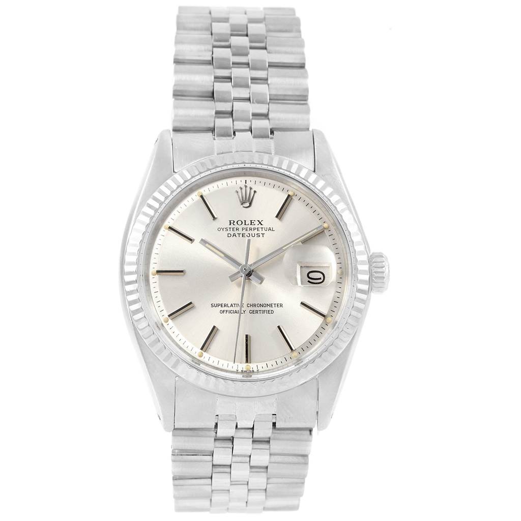 This image shows a front view of the Rolex Vintage Collection 1601 Men's Stainless Steel Silver Dial 1601 Men's Stainless Steel Silver Dial Datejust watch, displaying the face, hour markers, bracelet, and date window.