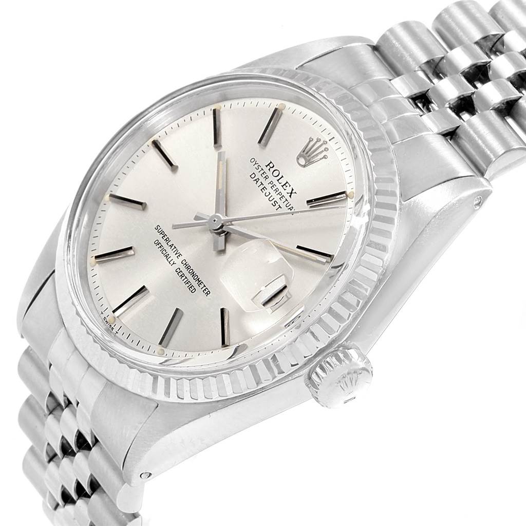 The image shows a close-up angled view of the Rolex Vintage Collection 1601 Men's Stainless Steel Silver Dial 1601 Men's Stainless Steel Silver Dial Datejust model, highlighting the dial, bezel, crown, and part of the bracelet.