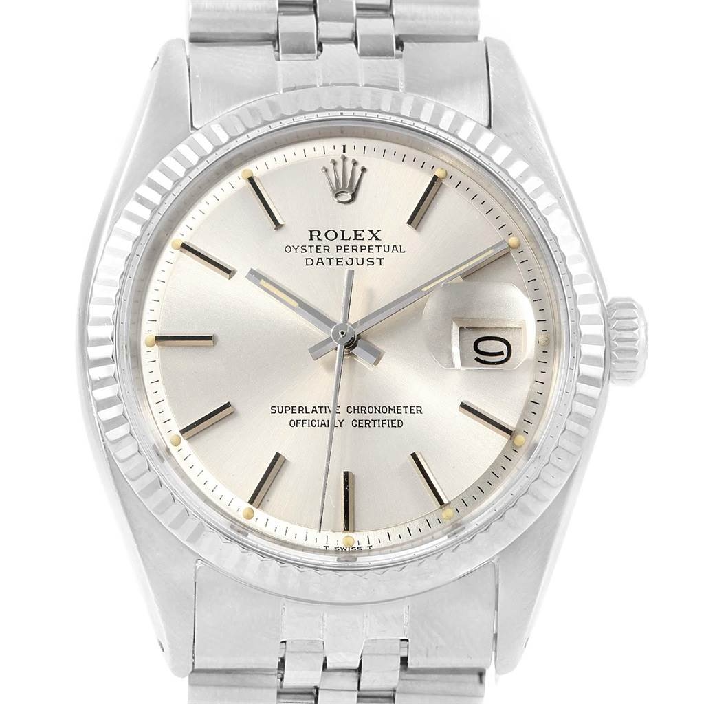 This image shows the face and bezel of a Rolex Vintage Collection 1601 Men's Stainless Steel Silver Dial 1601 Men's Stainless Steel Silver Dial Oyster Perpetual Datejust watch, displaying the time and date features.