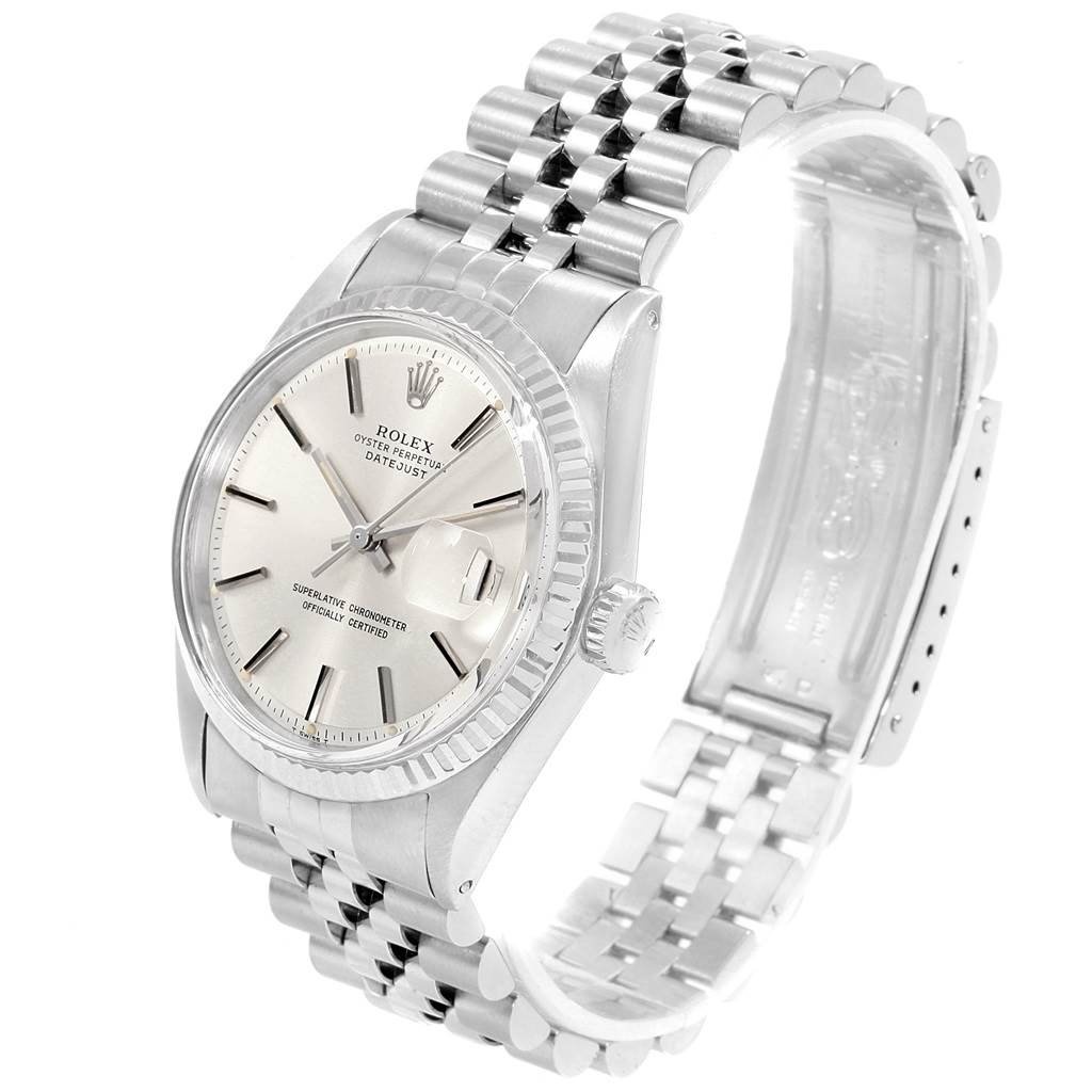 The image shows a Rolex Vintage Collection 1601 Men's Stainless Steel Silver Dial 1601 Men's Stainless Steel Silver Dial model from an angled side view, highlighting the dial, bracelet, and clasp.