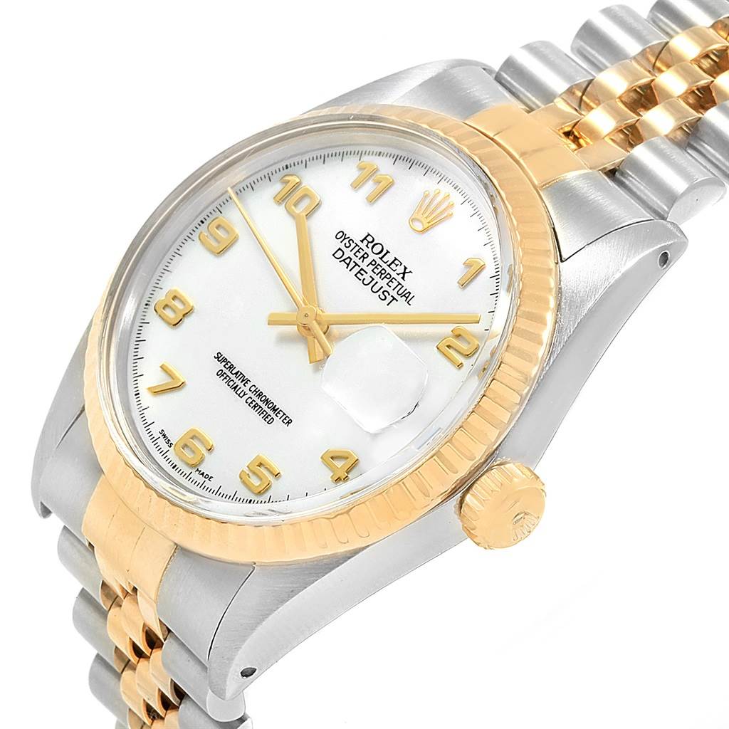The image shows a Rolex Vintage Collection 16013 Men's Stainless Steel White Dial 16013 Men's Stainless Steel White Dial Datejust watch at a three-quarter angle, highlighting the dial, bezel, and part of the bracelet.