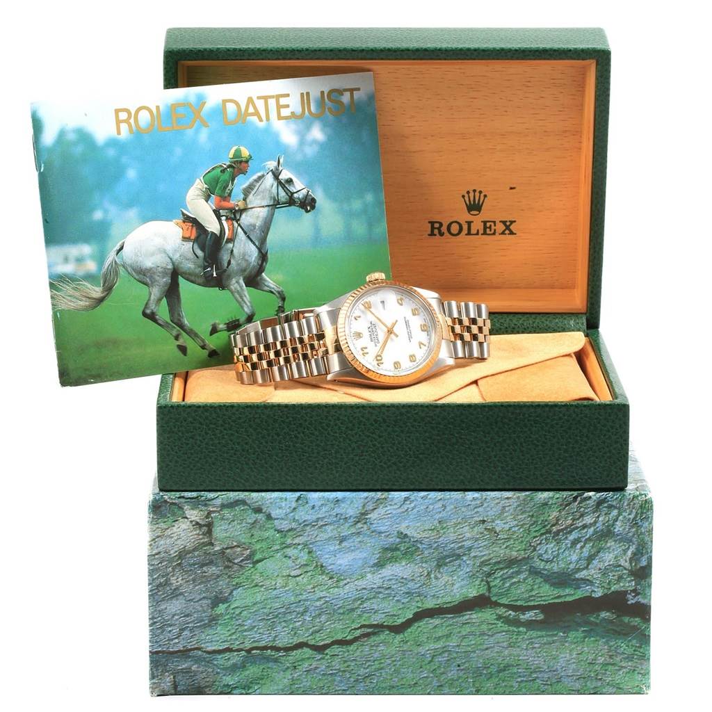 The image shows a Rolex Vintage Collection 16013 Men's Stainless Steel White Dial 16013 Men's Stainless Steel White Dial Datejust watch, its box, and instruction manual from a front angle.