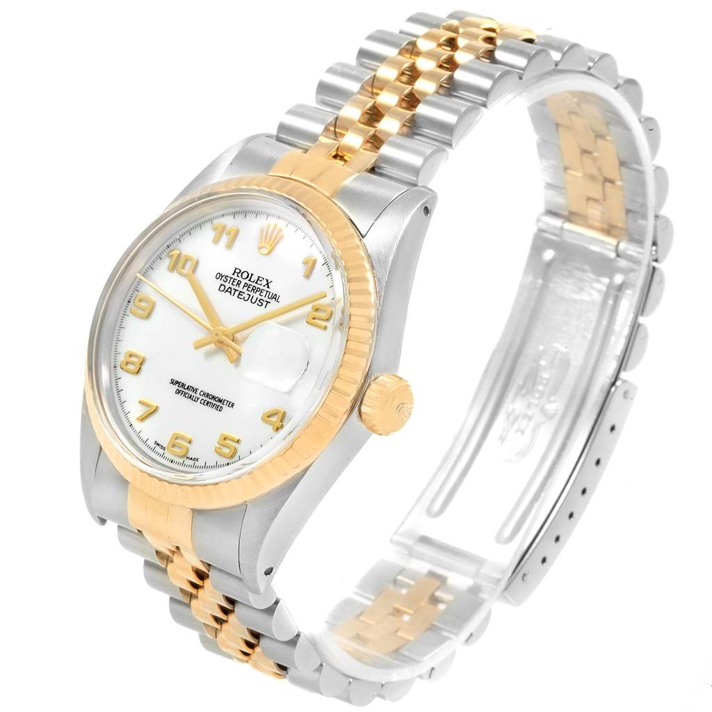 The image shows a side view of the Rolex Vintage Collection 16013 Men's Stainless Steel White Dial 16013 Men's Stainless Steel White Dial model, highlighting the dial, bezel, and bracelet.