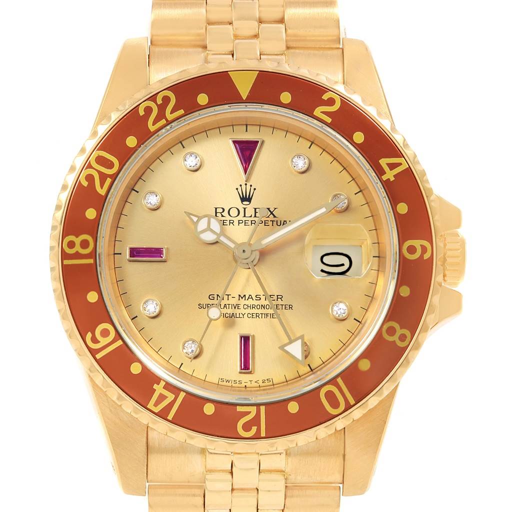 This image shows a front view of the Rolex Vintage Collection 16758 Men
s Yellow Gold Champagne Dial 16758 Men
s Yellow Gold Champagne Dial GMT-Master watch, highlighting the dial, bezel, and bracelet.