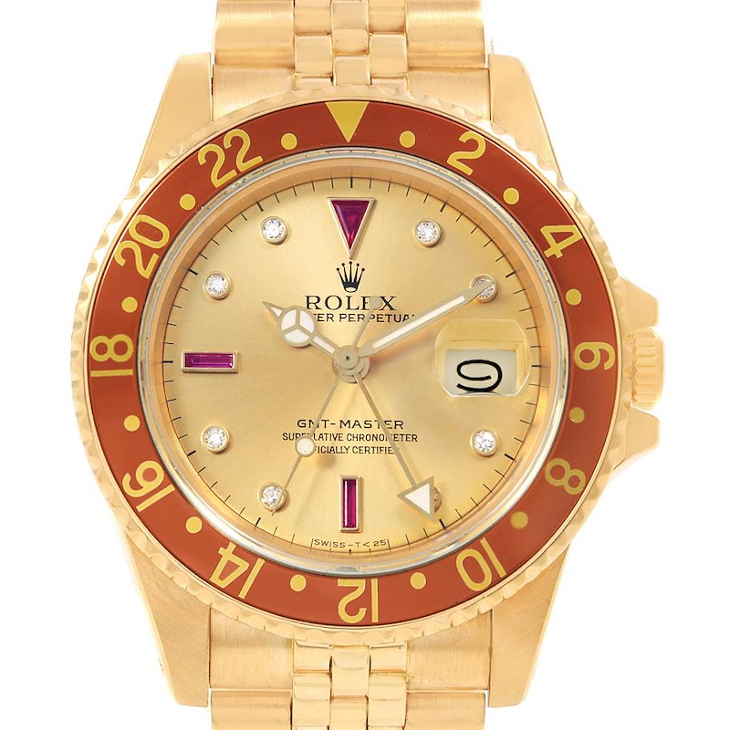 Rolex GMT Master Vintage Yellow Gold Serti Diamond Ruby Watch 16758 SwissWatchExpo