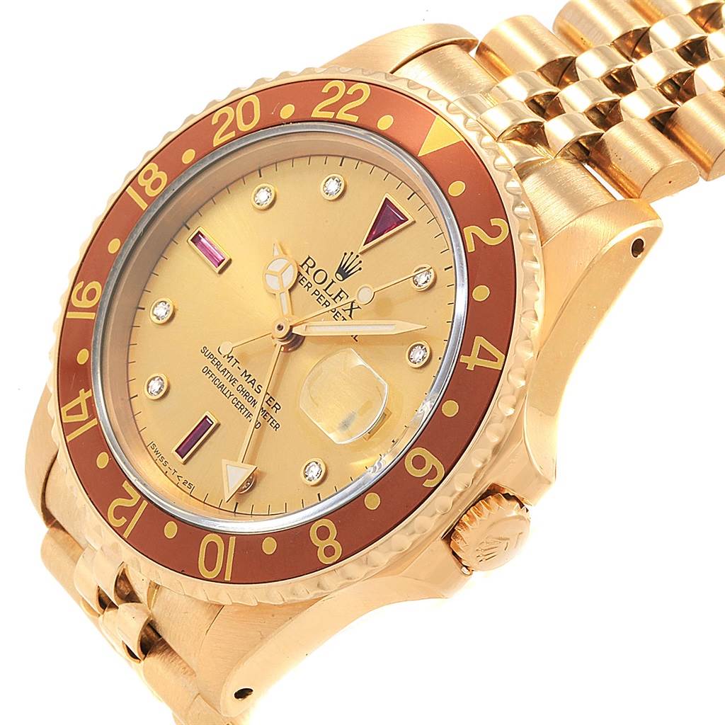 This image shows a close-up of the Rolex Vintage Collection 16758 Men
s Yellow Gold Champagne Dial 16758 Men
s Yellow Gold Champagne Dial GMT Master watch, highlighting the face, bezel, and part of the bracelet.