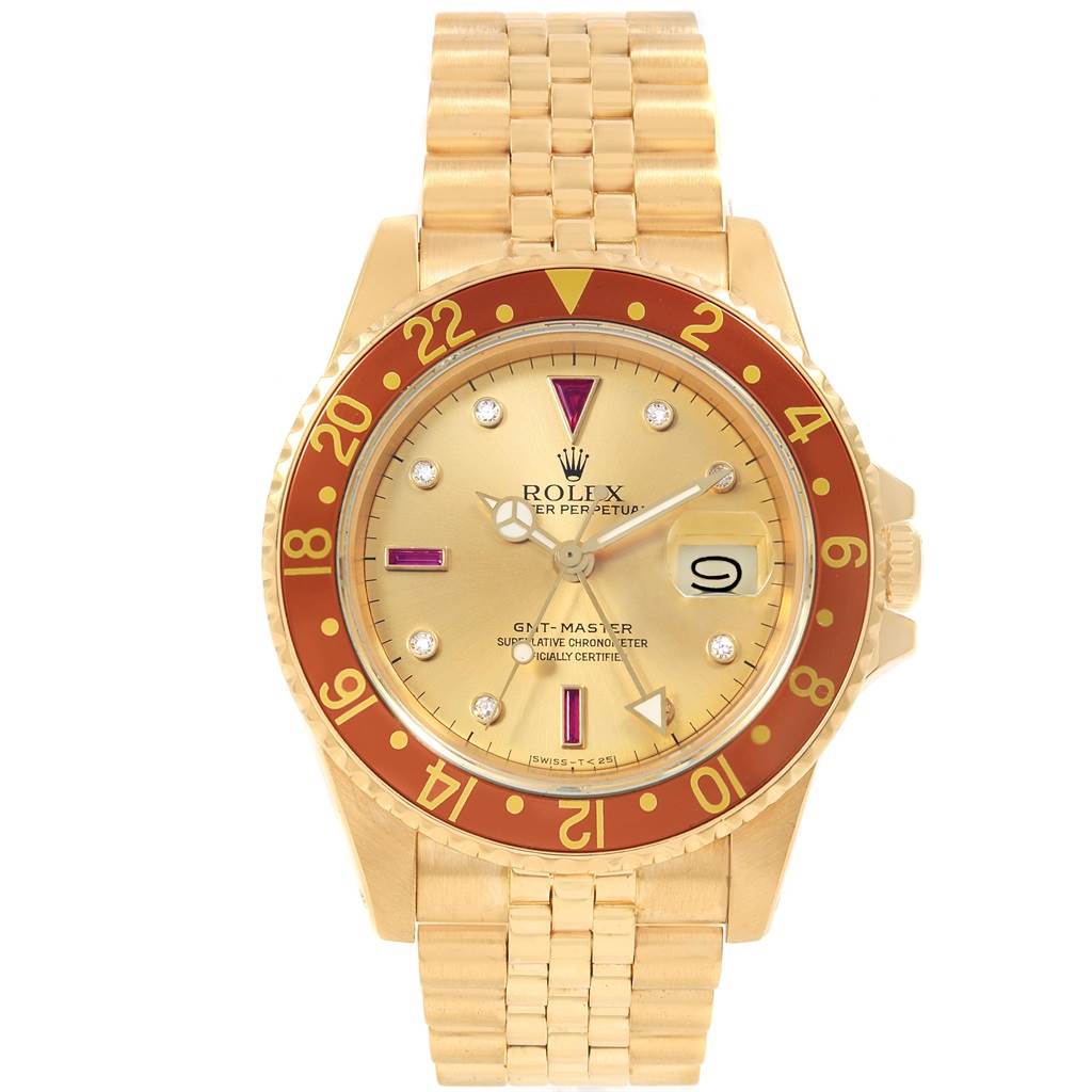 This is a front view of a Rolex Vintage Collection 16758 Men
s Yellow Gold Champagne Dial 16758 Men
s Yellow Gold Champagne Dial GMT-Master watch showing the dial, bezel, and bracelet.