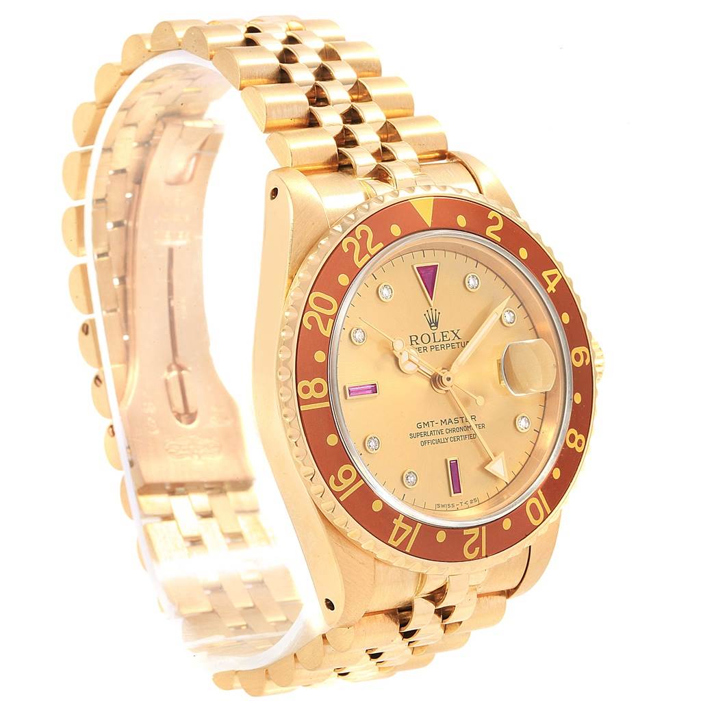 The image shows a Rolex GMT-Master II Vintage Collection watch at a three-quarter angle, highlighting its dial, bezel, and bracelet.