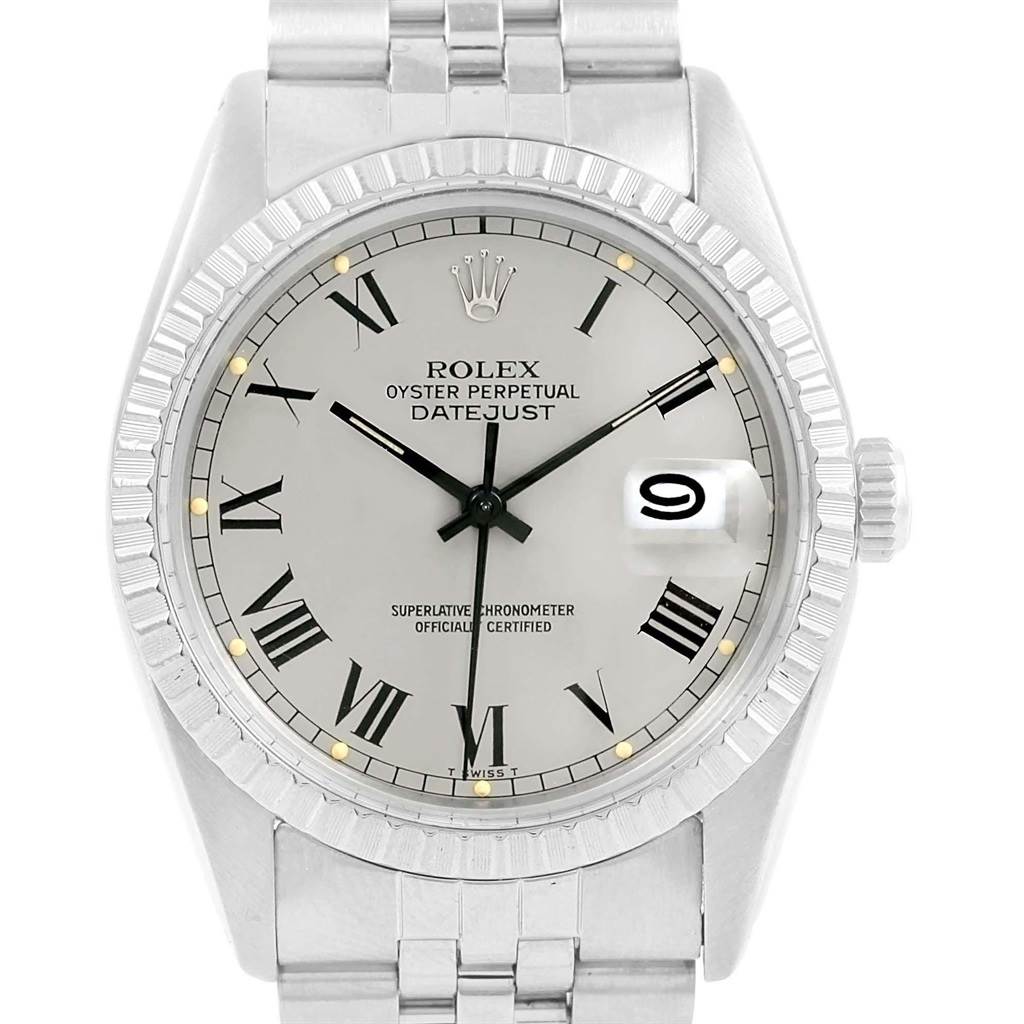 This image shows a front view of the Rolex Vintage Collection 16030 Men
s Stainless Steel Grey Dial 16030 Men
s Stainless Steel Grey Dial Oyster Perpetual Datejust watch, displaying the dial, bezel, and bracelet.