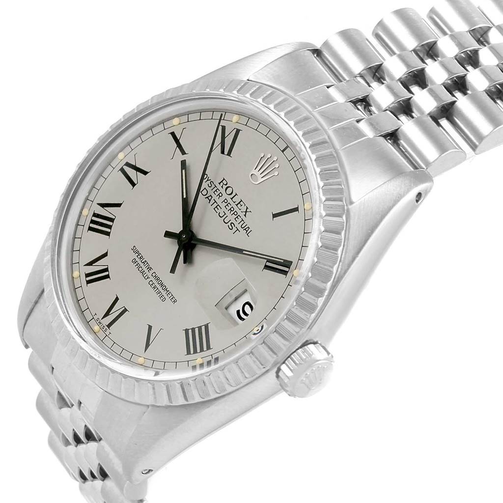 The Rolex Vintage Collection 16030 Men
s Stainless Steel Grey Dial 16030 Men
s Stainless Steel Grey Dial watch is shown at an oblique angle, displaying the dial, bezel, crown, and segments of the bracelet.