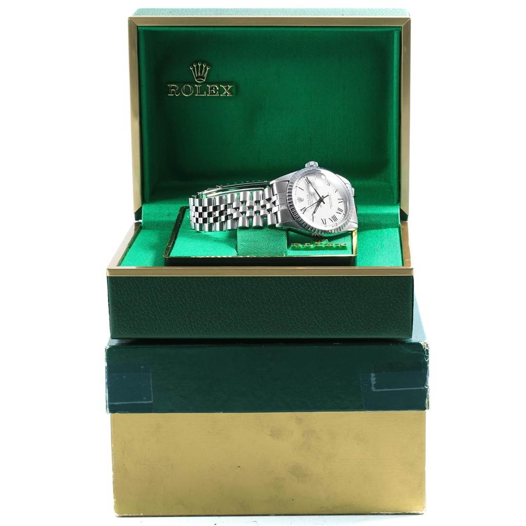 The Rolex Vintage Collection 16030 Men
s Stainless Steel Grey Dial 16030 Men
s Stainless Steel Grey Dial watch is shown at an elevated angle inside its green display box.
