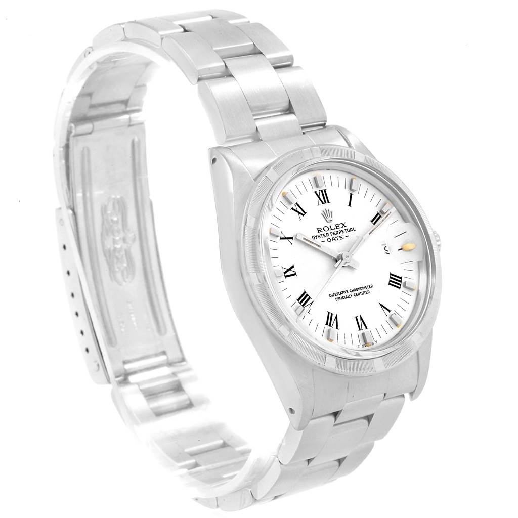 The image shows a side angle view of the Rolex Vintage Collection 15010 Men's Stainless Steel White Dial 15010 Men's Stainless Steel White Dial watch, highlighting its band, dial, and bezel.