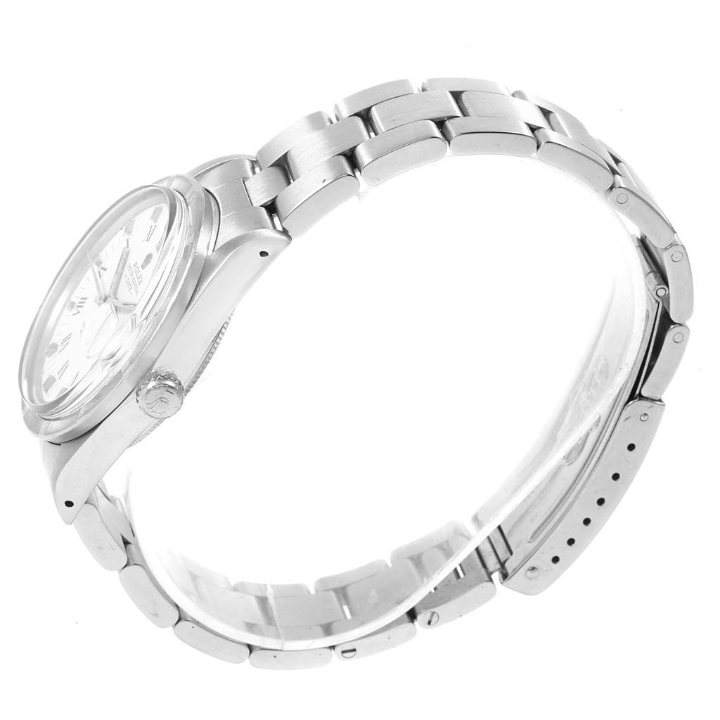 The image shows a side view of the Rolex Vintage Collection 15010 Men's Stainless Steel White Dial 15010 Men's Stainless Steel White Dial watch, focusing on the case, bracelet, and clasp.