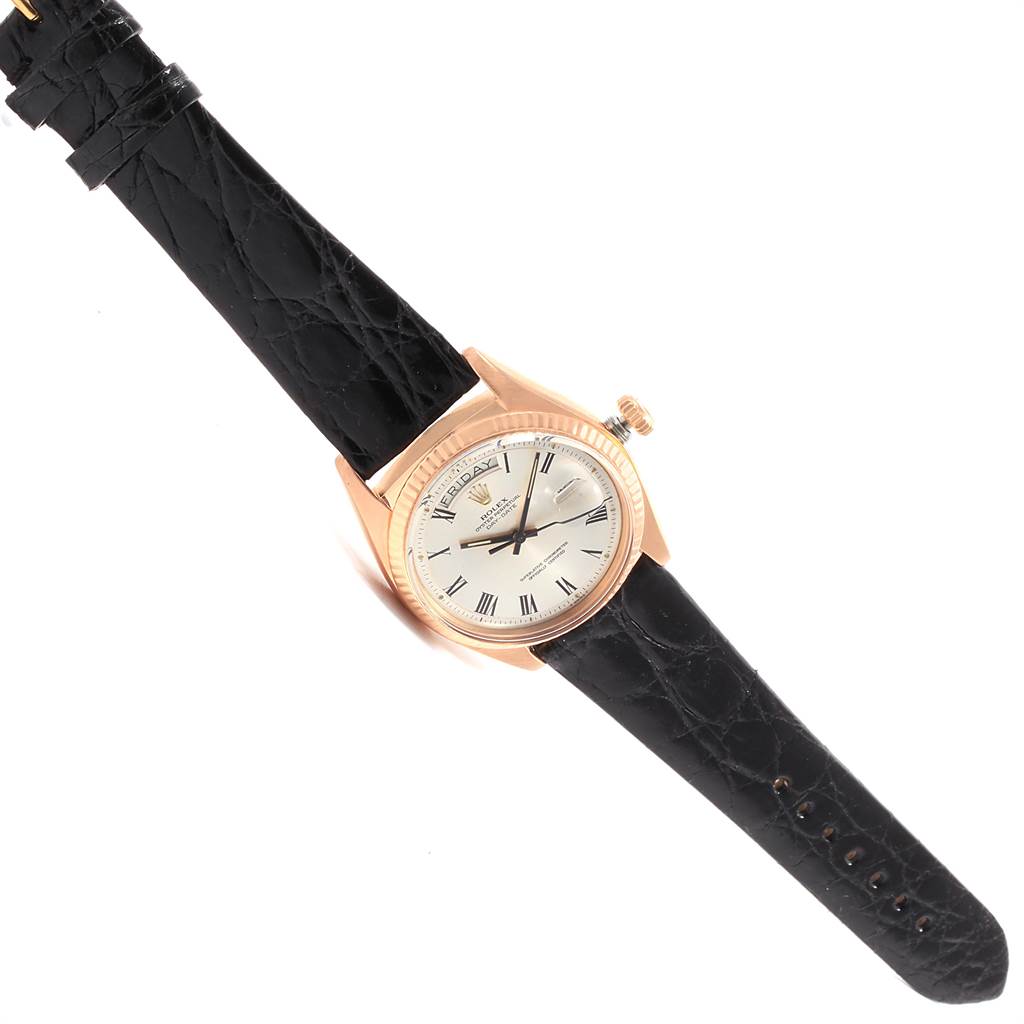 The image shows a Rolex Vintage Collection 1803 Men's Rose Gold Silver Dial 1803 Men's Rose Gold Silver Dial watch at a slight diagonal angle, highlighting its black leather strap and round dial.