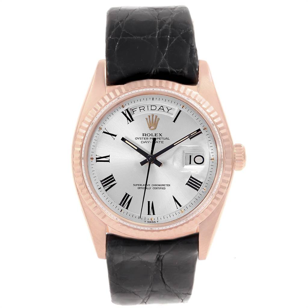 This Rolex Vintage Collection 1803 Men's Rose Gold Silver Dial 1803 Men's Rose Gold Silver Dial watch is shown from the front, highlighting the face, bezel, hands, strap, and day-date features.