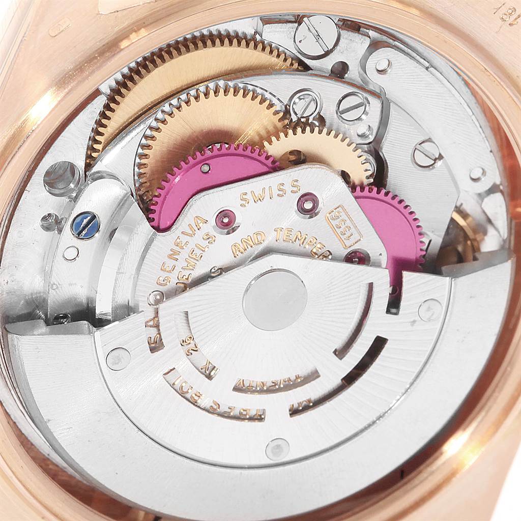 The image shows a close-up of the internal mechanism of the Rolex Vintage Collection 1803 Men's Rose Gold Silver Dial 1803 Men's Rose Gold Silver Dial model watch.