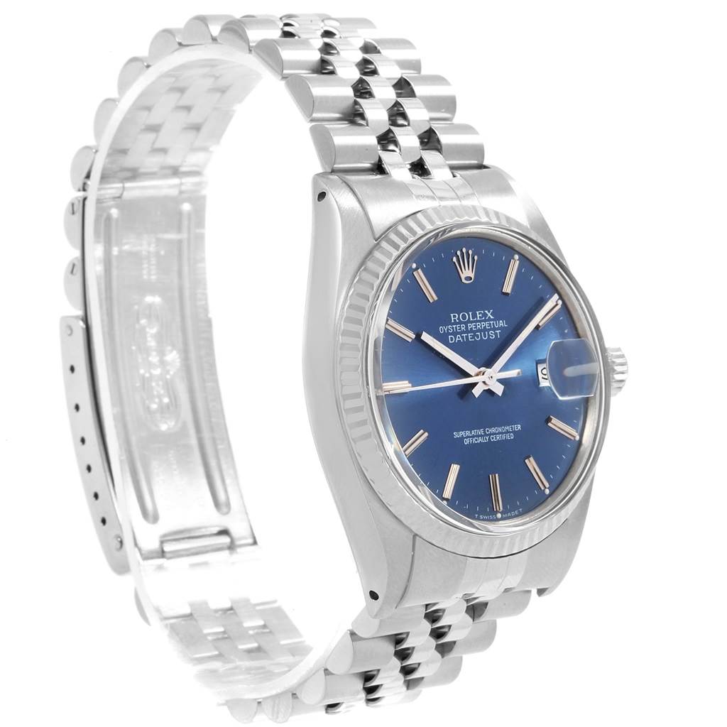 The Rolex Vintage Collection 16014 Men's Stainless Steel Blue Dial 16014 Men's Stainless Steel Blue Dial model is shown at an oblique angle, highlighting the bracelet, case, and dial.