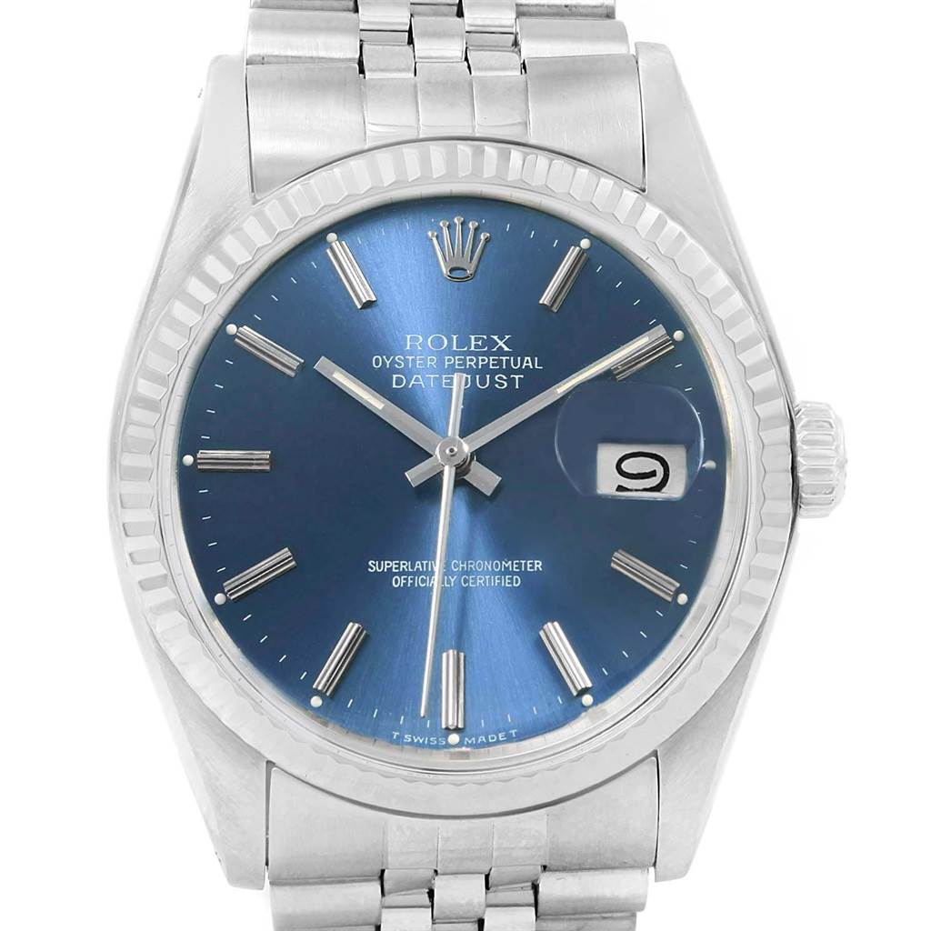 This image shows the front view of a Rolex Vintage Collection 16014 Men's Stainless Steel Blue Dial 16014 Men's Stainless Steel Blue Dial Datejust, highlighting its face, hands, and bracelet.