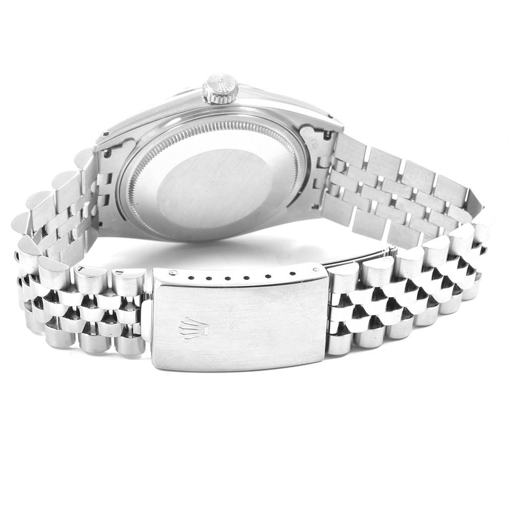 The image shows the back and clasp of a Rolex Vintage Collection 16014 Men's Stainless Steel Blue Dial 16014 Men's Stainless Steel Blue Dial watch, highlighting its stainless steel bracelet and caseback.