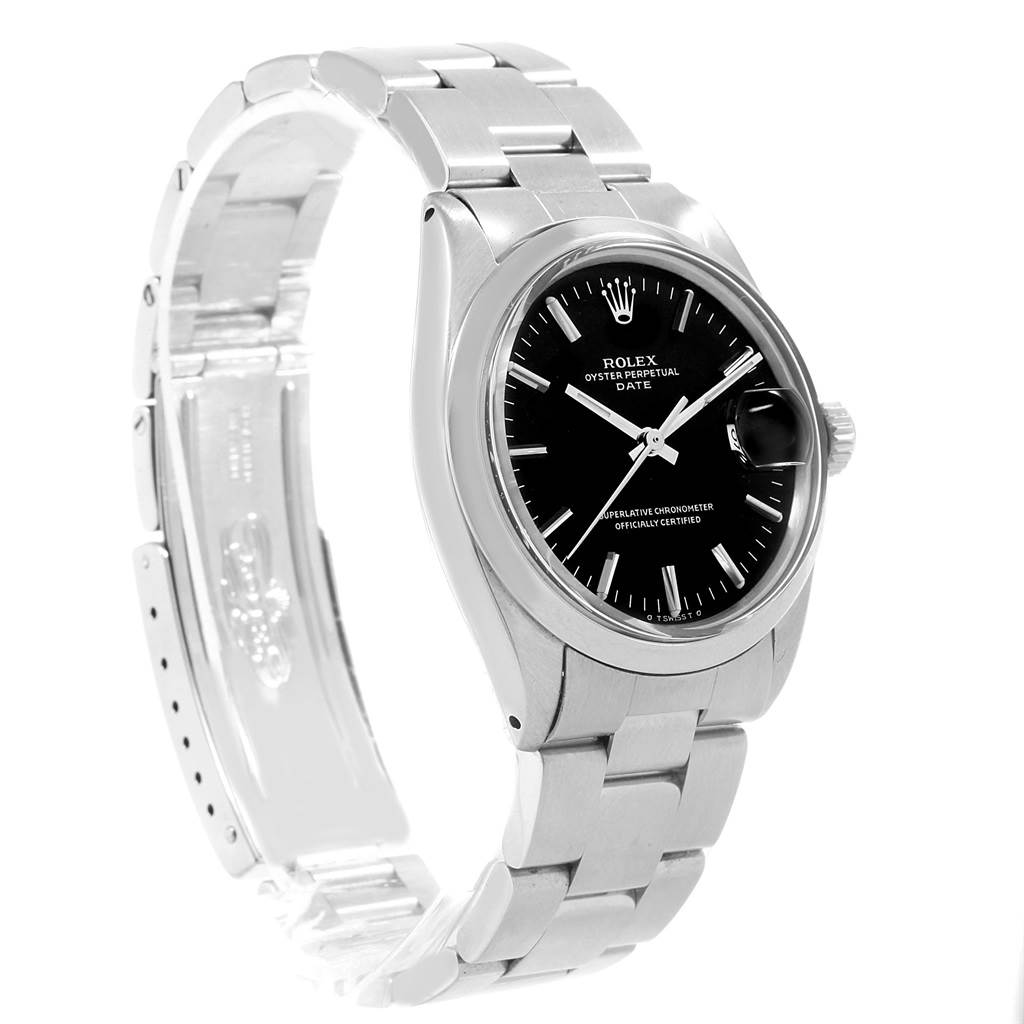 This image shows a Rolex Vintage Collection 1500 Men's Stainless Steel Black Dial 1500 Men's Stainless Steel Black Dial Oyster Perpetual Date watch at a slight angle, highlighting the dial and metal bracelet.