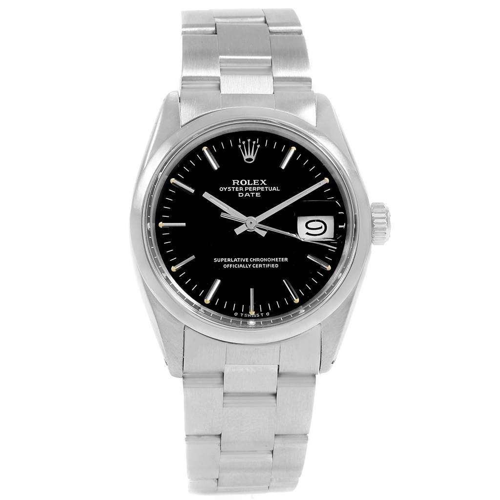 The image shows a front view of a Rolex Vintage Collection 1500 Men's Stainless Steel Black Dial 1500 Men's Stainless Steel Black Dial Oyster Perpetual Date watch, displaying its face and stainless steel bracelet.