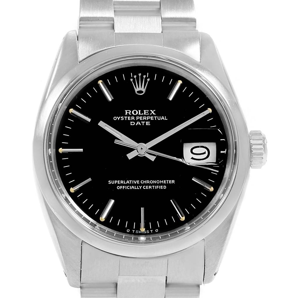 The image shows a front view of the Rolex Vintage Collection 1500 Men's Stainless Steel Black Dial 1500 Men's Stainless Steel Black Dial Oyster Perpetual Date watch, with its black dial and date window.