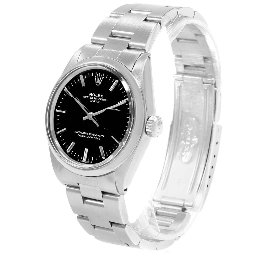 The image shows a side angle of a Rolex Vintage Collection 1500 Men's Stainless Steel Black Dial 1500 Men's Stainless Steel Black Dial Oyster Perpetual Date watch, highlighting the black dial, stainless steel case, and bracelet.