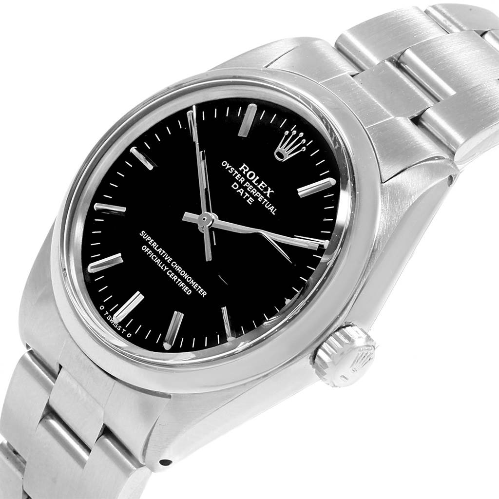 This image shows the Rolex Vintage Collection 1500 Men's Stainless Steel Black Dial 1500 Men's Stainless Steel Black Dial Oyster Perpetual Date watch from a front-left angle, highlighting the dial, bezel, crown, and bracelet.