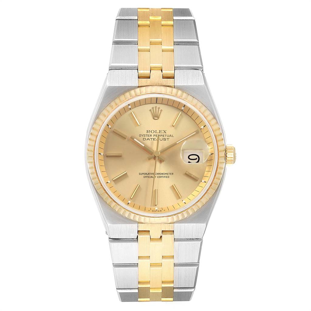 This image shows a front view of a Rolex Vintage Collection 1630 Men's Steel and Gold (two tone) Champagne Dial 1630 Men's Steel and Gold (two tone) Champagne Dial Oyster Perpetual Datejust watch with a two-tone metal bracelet.