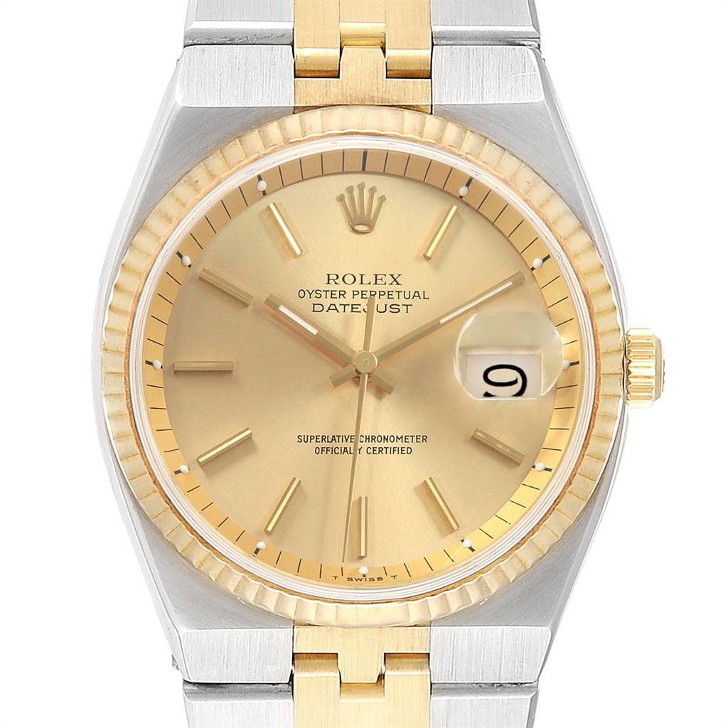 The image shows a close-up of a Vintage Collection Rolex Oyster Perpetual Datejust, featuring its dial, bezel, and part of its band.