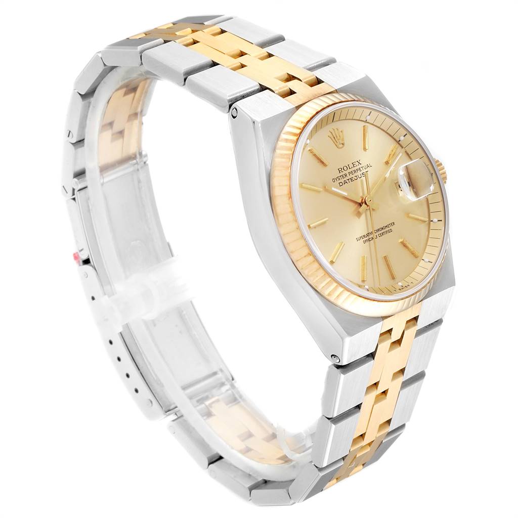 This Rolex Vintage Collection 1630 Men's Steel and Gold (two tone) Champagne Dial 1630 Men's Steel and Gold (two tone) Champagne Dial watch is shown from a three-quarter angle, highlighting the face, bracelet, and bezel.