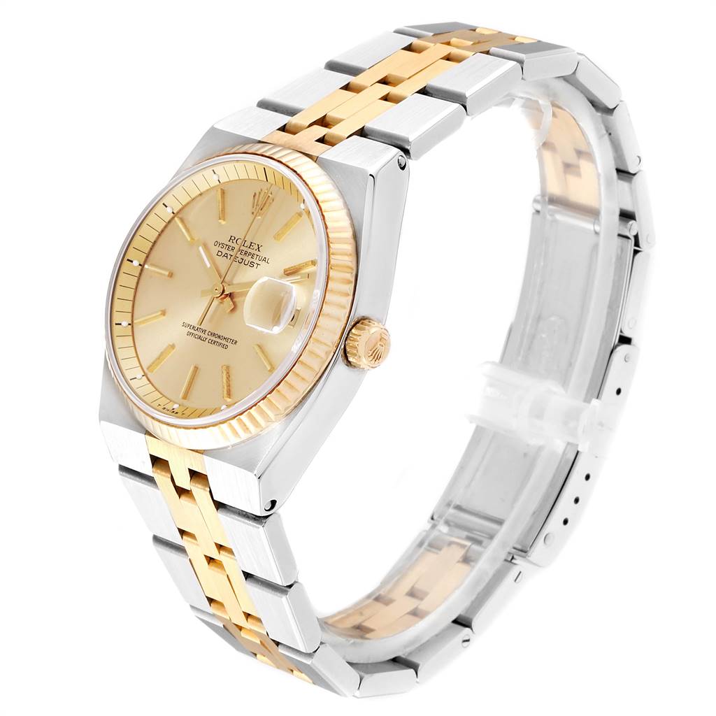 This image shows a Rolex Vintage Collection 1630 Men's Steel and Gold (two tone) Champagne Dial 1630 Men's Steel and Gold (two tone) Champagne Dial watch at a three-quarter angle, highlighting its gold and silver bracelet, dial, and crown.