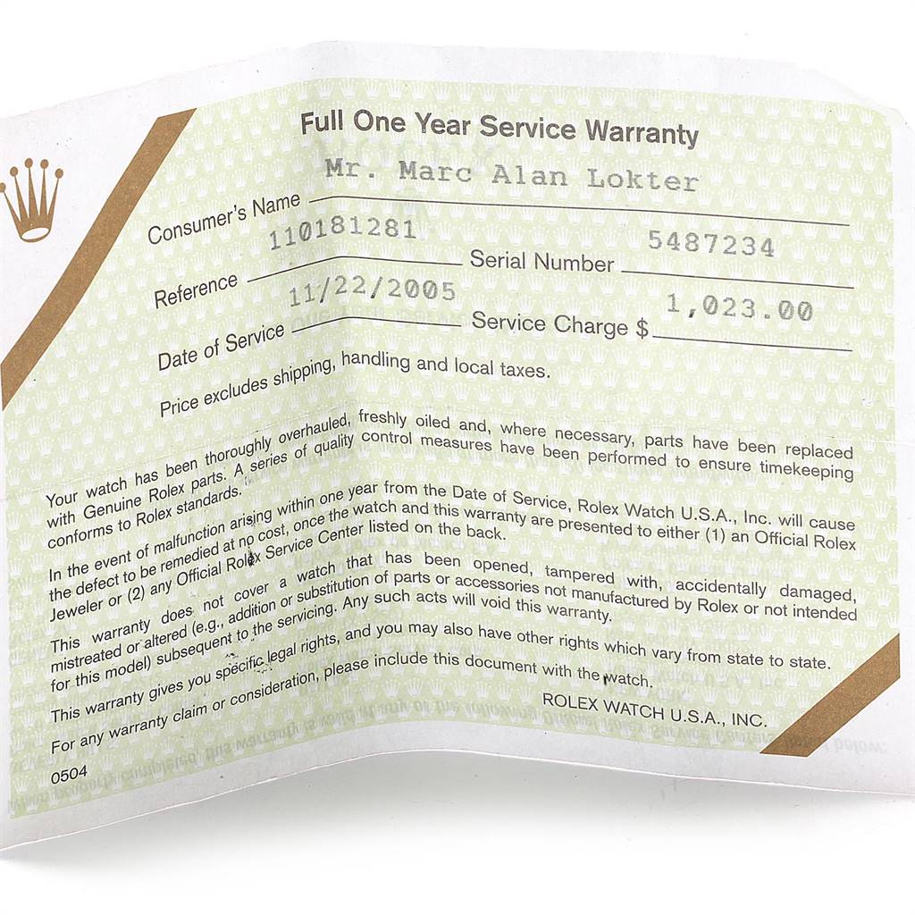 This is a Full One Year Service Warranty card for the Rolex Vintage Collection 1630 Men's Steel and Gold (two tone) Champagne Dial 1630 Men's Steel and Gold (two tone) Champagne Dial model.