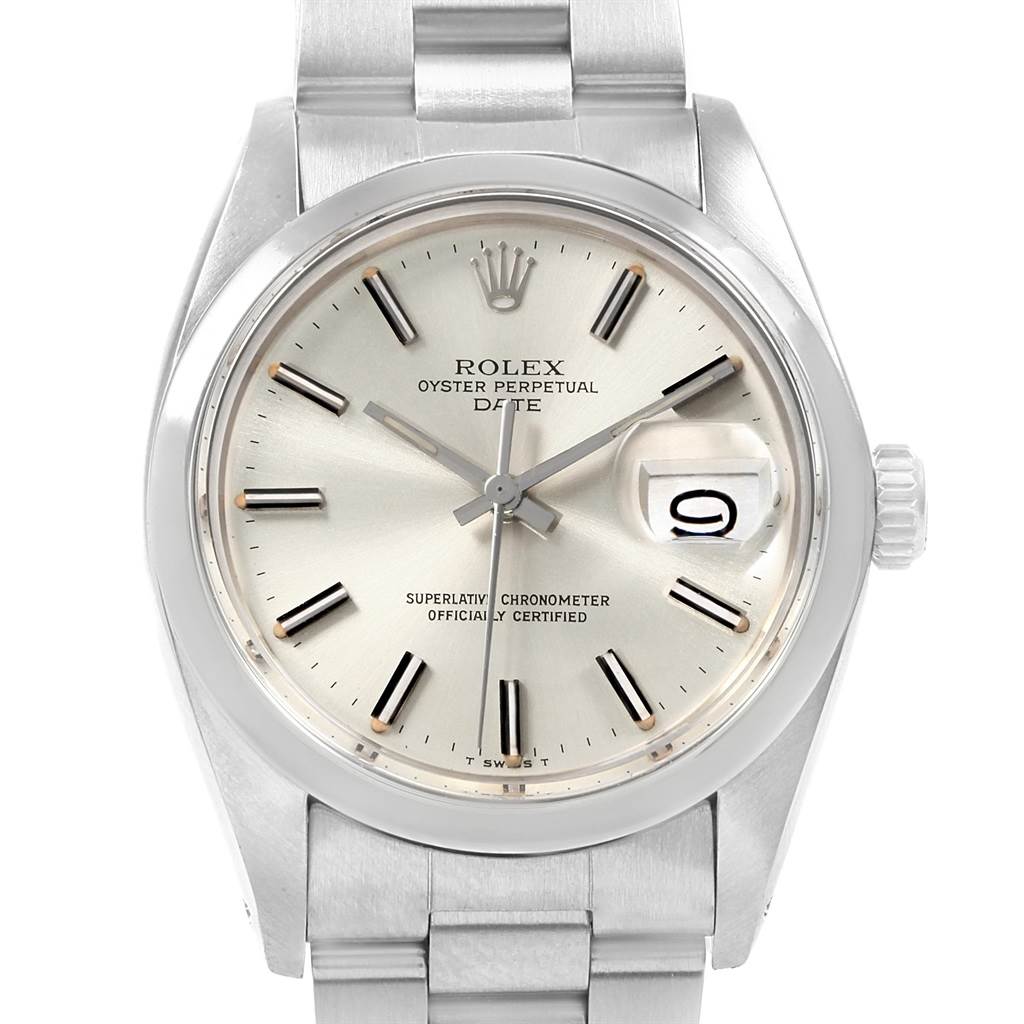 The image shows a close-up view of a Rolex Vintage Collection 1500 Men's Stainless Steel Silver Dial 1500 Men's Stainless Steel Silver Dial Oyster Perpetual Date watch, focusing on the dial, case, and bracelet.