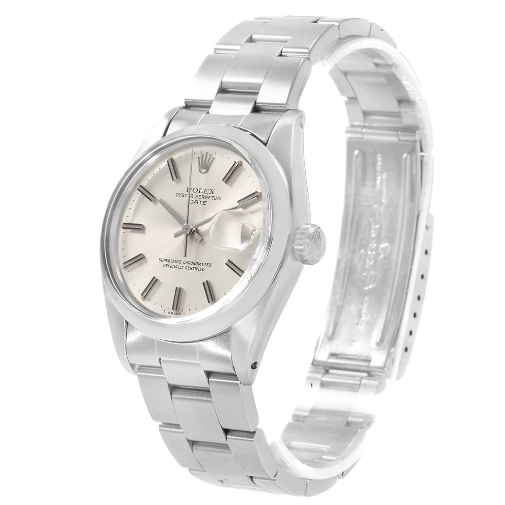 The image shows a Rolex Vintage Collection 1500 Men's Stainless Steel Silver Dial 1500 Men's Stainless Steel Silver Dial Oyster Perpetual Date watch from an angled view, displaying its face and metal bracelet.
