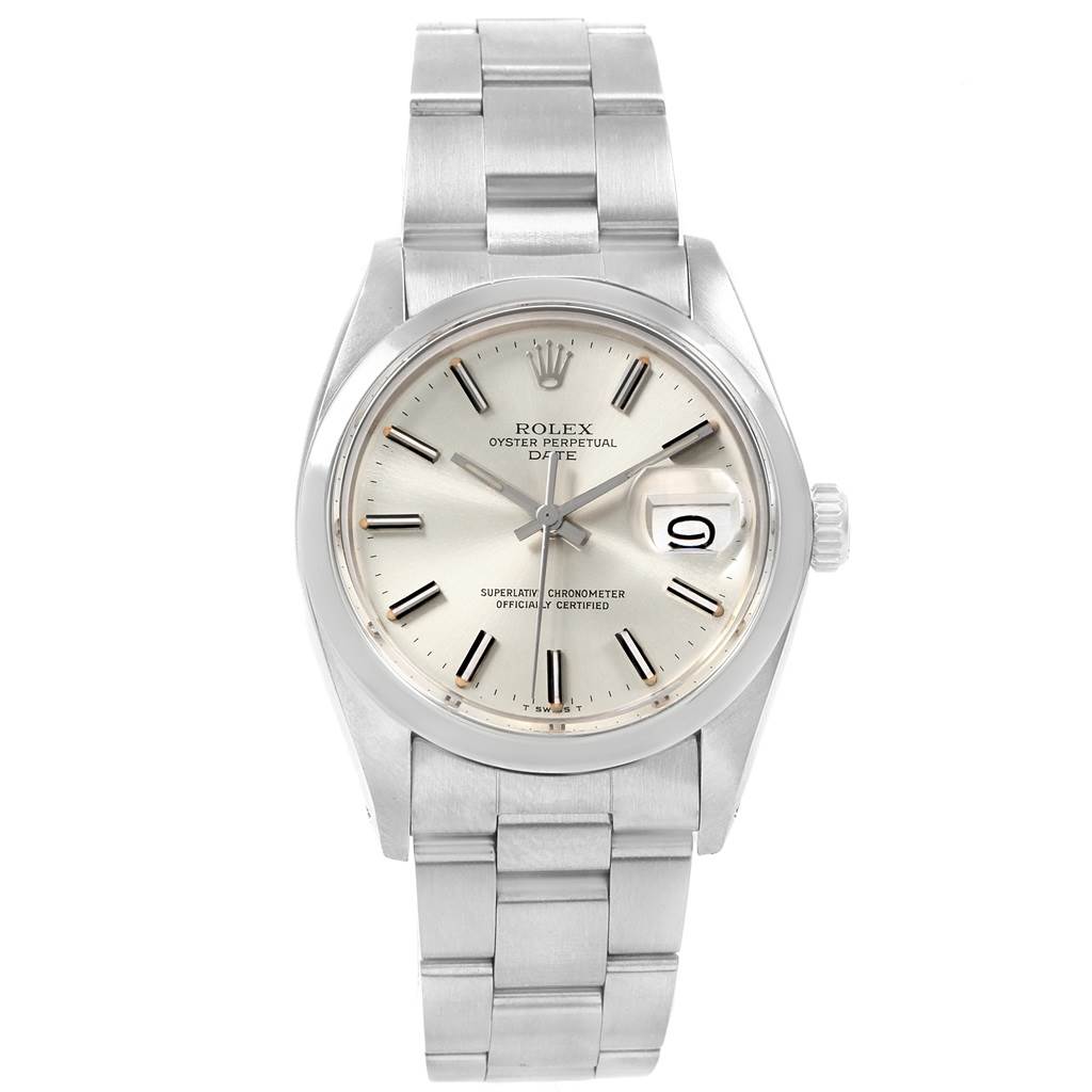 The Rolex Vintage Collection 1500 Men's Stainless Steel Silver Dial 1500 Men's Stainless Steel Silver Dial model watch is shown from a front view, displaying the face, dial, crown, and bracelet.